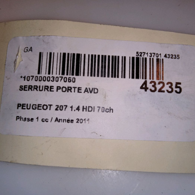 Serrure porte avd occasion PEUGEOT 207 Phase 1 04-2006->06-2013 1.4 HDI 70ch 9136W2 5