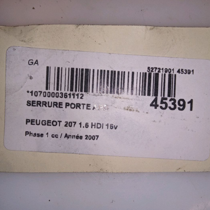 Serrure porte ard occasion PEUGEOT 207 Phase 1 04-2006->06-2013 1.6 HDI 16v 110ch 9138H9 4