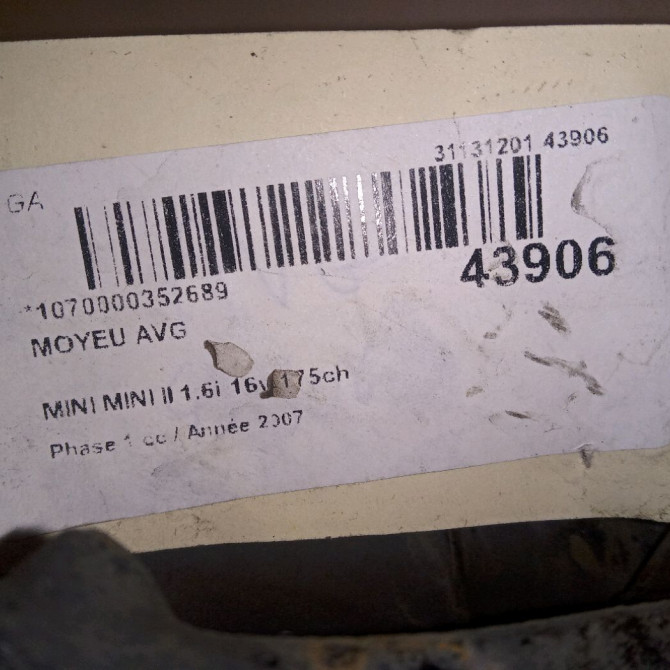 Moyeu avg occasion MINI MINI II Phase 1 09-2006->12-2010 1.6i 16v 175ch COOPER S 31226776162 4