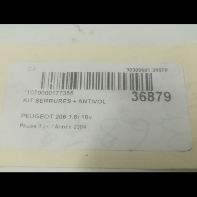 Kit serrures + antivol occasion PEUGEOT 206 Phase 1 09-1998->03-2009 1.6i 16v 5