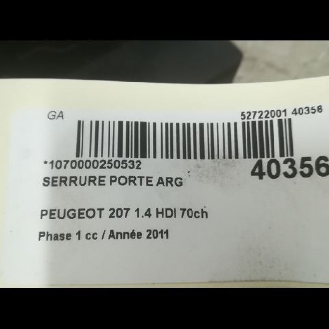 Serrure porte arg occasion PEUGEOT 207 Phase 1 04-2006->06-2013 1.4 HDI 70ch 9137F9 3
