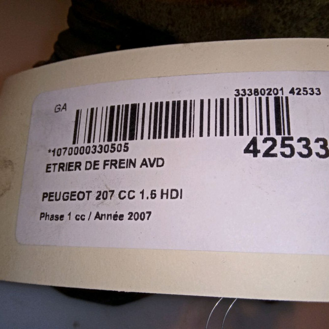 Etrier de frein avant droit occasion PEUGEOT 207 CC Phase 1 03-2007->... 1.6 HDI 112ch 4400R9 4