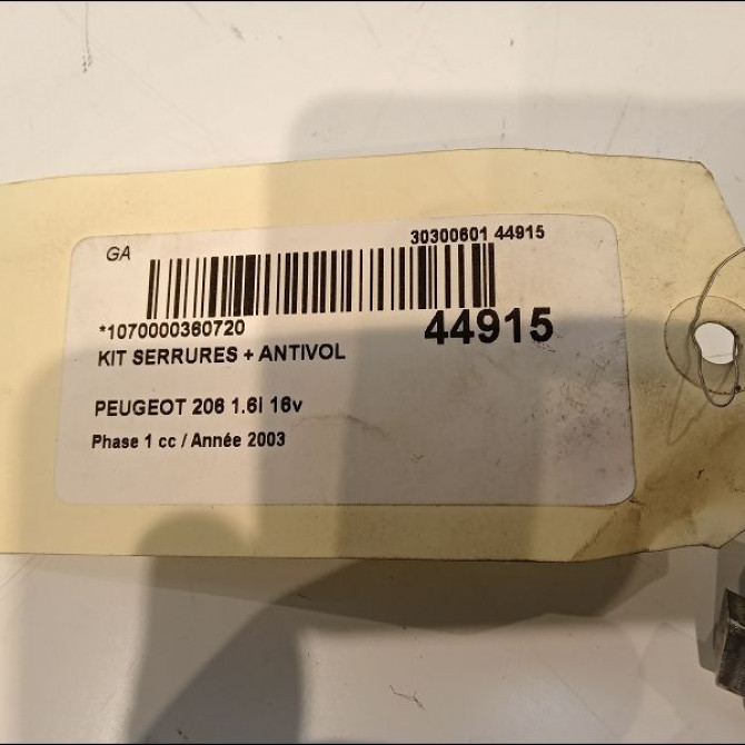Kit serrures + antivol occasion PEUGEOT 206 Phase 1 09-1998->03-2009 1.6i 16v 4162NR 5