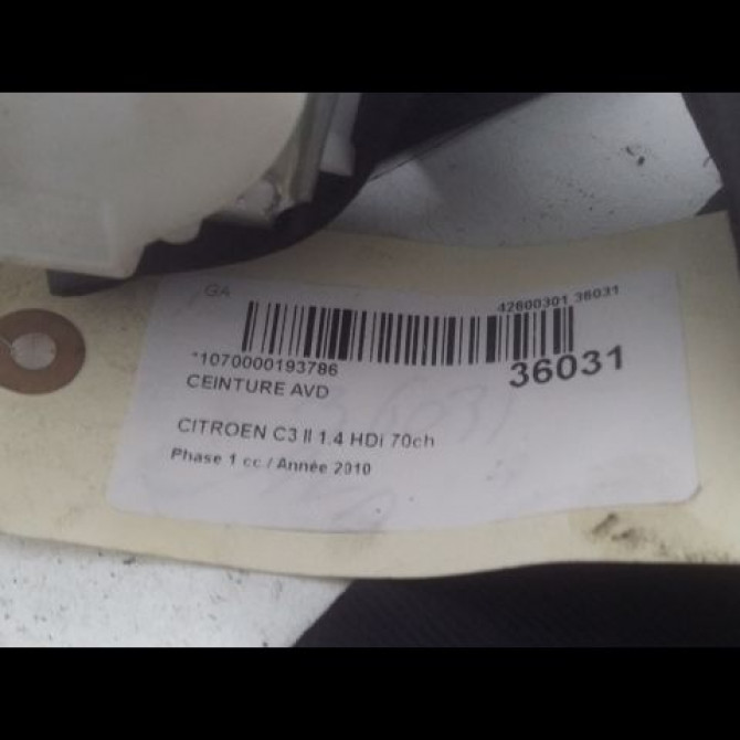 Ceinture avant droite occasion CITROEN C3 II Phase 1 11-2009->02-2013 1.4 HDi 70ch 96771568XX 3