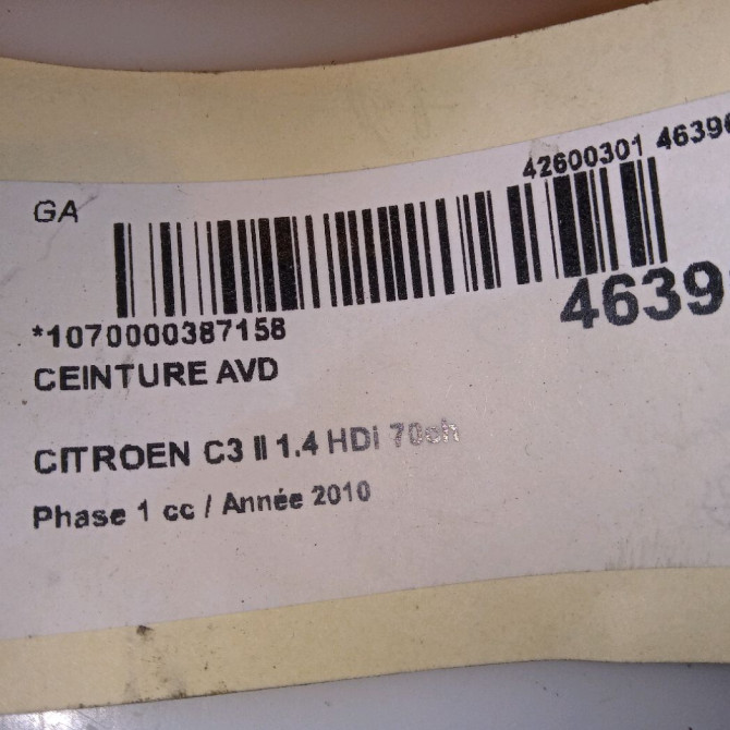 Ceinture avant droite occasion CITROEN C3 II Phase 1 11-2009->02-2013 1.4 HDi 70ch 96771568XX 4