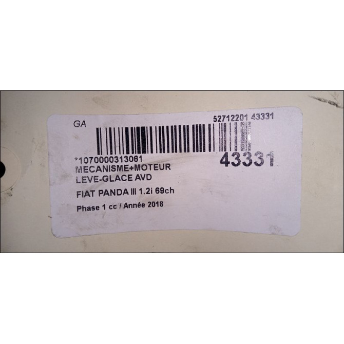 Mecanisme + moteur lève-glace avant droit occasion FIAT PANDA III Phase 1 01-2012->... 1.2i 69ch 52076549 4