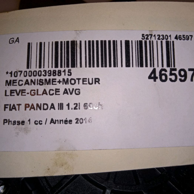 Mecanisme+moteur leve-glace avg occasion FIAT PANDA III Phase 1 01-2012->... 1.2i 69ch 52076550 5