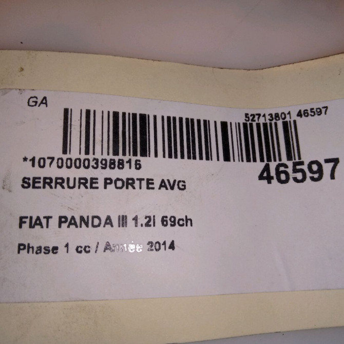 Serrure porte avg occasion FIAT PANDA III Phase 1 01-2012->... 1.2i 69ch 52191505 5