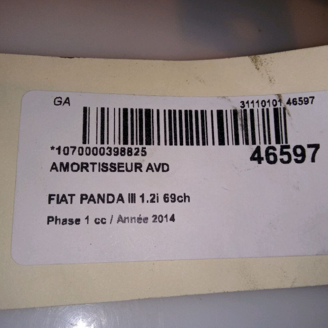 Amortisseur avant droit occasion FIAT PANDA III Phase 1 01-2012->... 1.2i 69ch 51926522 5