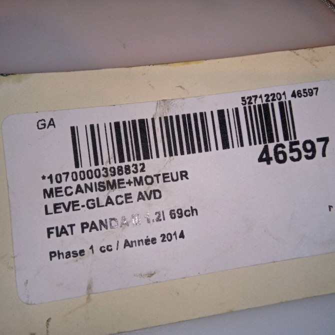 Mecanisme + moteur lève-glace avant droit occasion FIAT PANDA III Phase 1 01-2012->... 1.2i 69ch 52076549 5
