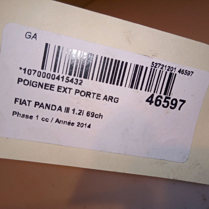 Poignee ext porte arg occasion FIAT PANDA III Phase 1 01-2012->... 1.2i 69ch 735536785 5