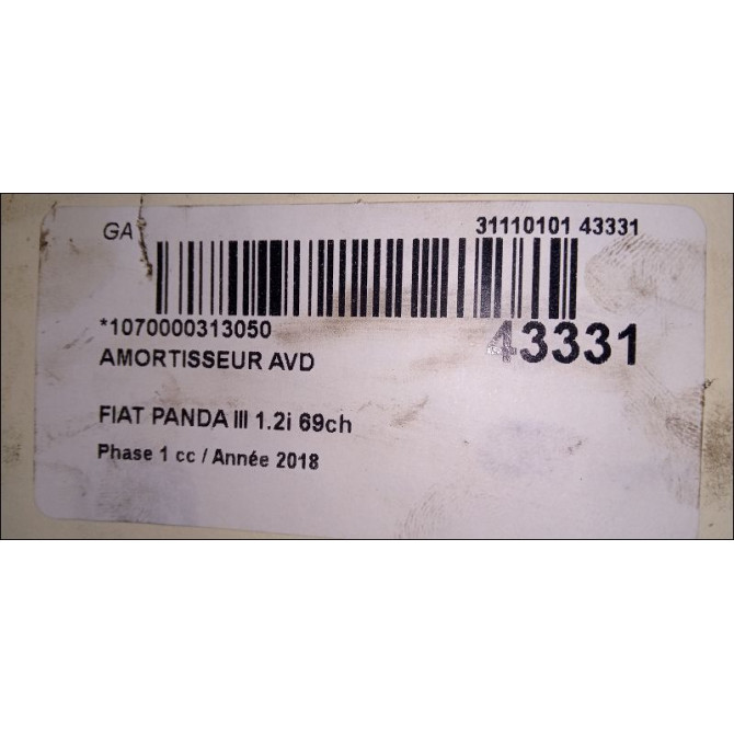 Amortisseur avant droit occasion FIAT PANDA III Phase 1 01-2012->... 1.2i 69ch 51926522 4