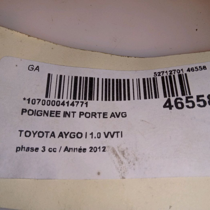 Poignee int porte avg occasion TOYOTA AYGO I Phase 1 04-1995->04-1999 1.0 VVTI 68ch 692060D060B3 4