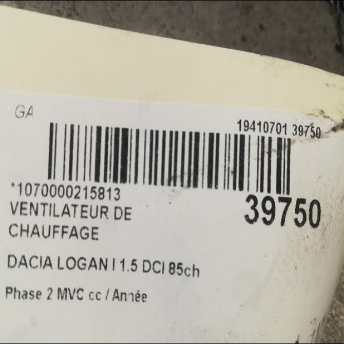 Ventilateur de chauffage occasion DACIA LOGAN I Phase 2 MVC 10-2008->01-2013 1.5 DCI 85ch 6001547691 3