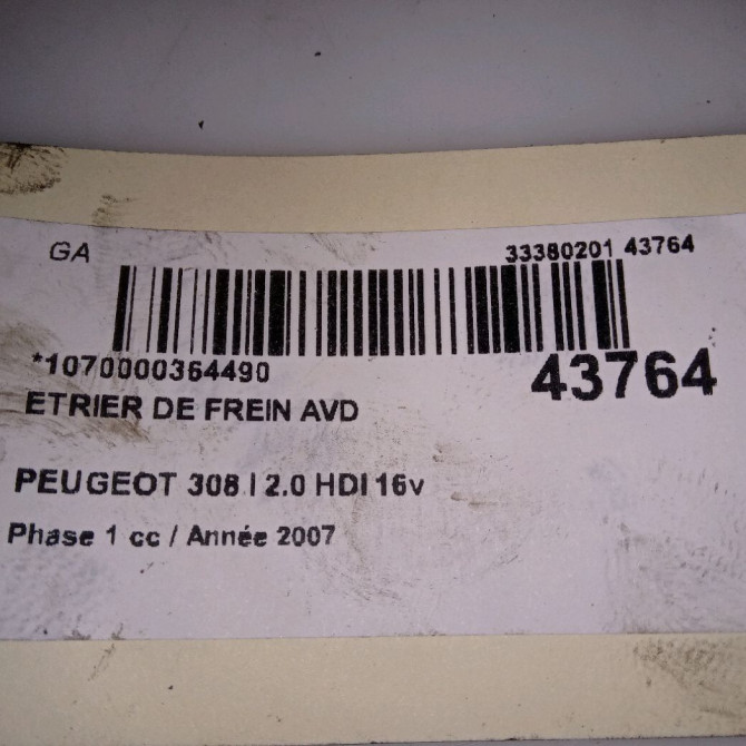 Etrier de frein avant droit occasion PEUGEOT 308 I Phase 1 09-2007->03-2011 2.0 HDI 16v 136ch 4400T3 5