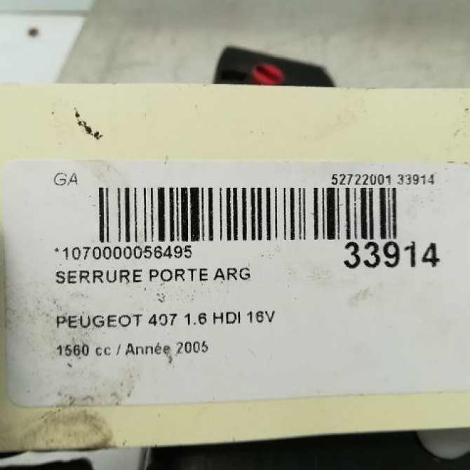 Serrure porte arg occasion PEUGEOT 407 Phase 1 04-2004->07-2008 1.6 HDI 16v 9137Q7 6