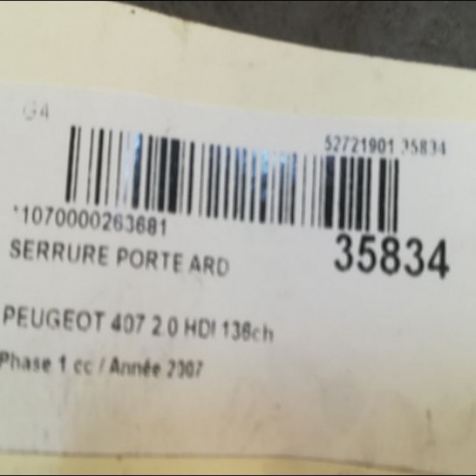 Serrure porte ard occasion PEUGEOT 407 Phase 1 04-2004->07-2008 2.0 HDI 136ch 9138V0 4