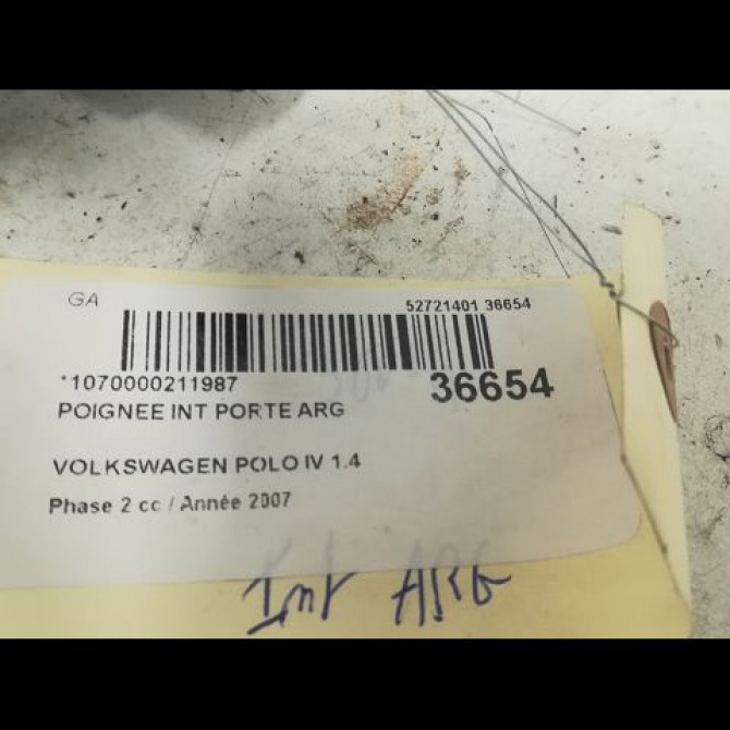Poignee int porte arg occasion VOLKSWAGEN POLO IV Phase 2 05-2005->09-2009 1.4 TDI 80ch 3