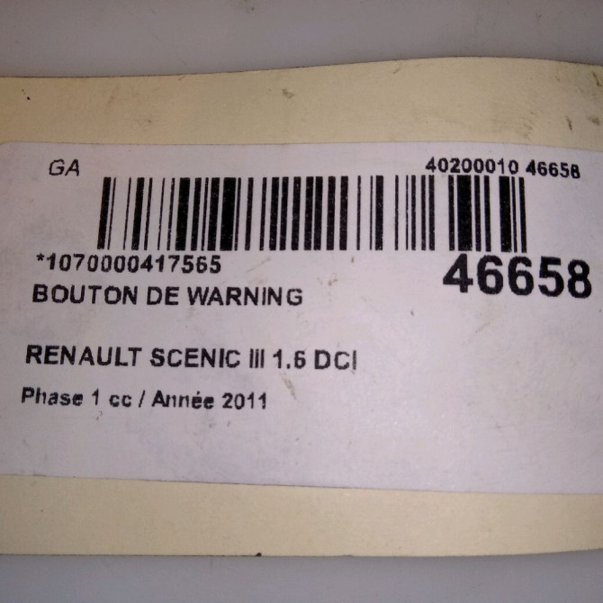 Bouton de warning occasion RENAULT SCENIC III Phase 1 04-2009->11-2011 1.6 DCI 130ch 5