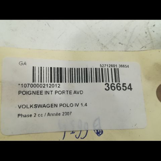 Poignee int porte avd occasion VOLKSWAGEN POLO IV Phase 2 05-2005->09-2009 1.4 TDI 80ch 6Q0837174K 3