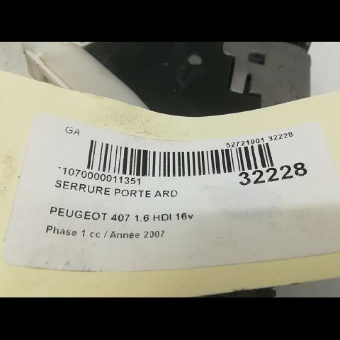 Serrure porte ard occasion PEUGEOT 407 Phase 1 04-2004->07-2008 2.0 HDI 136ch 9138V0 3