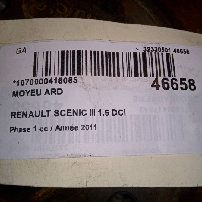 Moyeu ard occasion RENAULT SCENIC III Phase 1 04-2009->11-2011 1.6 DCI 130ch 4