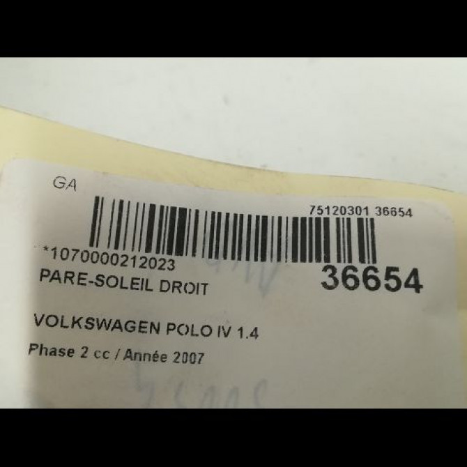 Pare-soleil droit occasion VOLKSWAGEN POLO IV Phase 2 05-2005->09-2009 1.4 TDI 80ch 6Q0857552F4AN 3