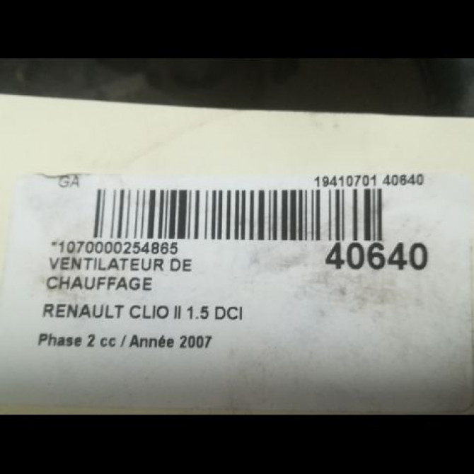 Ventilateur de chauffage occasion RENAULT CLIO II Phase 2 06-2001->07-2006 1.5 DCI 70ch 7701067032 3