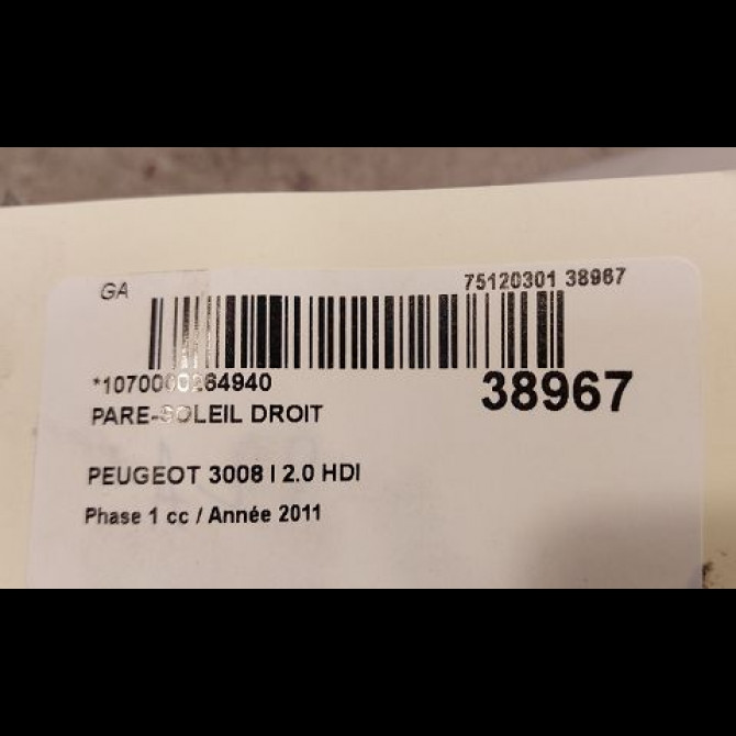 Pare-soleil droit occasion PEUGEOT 3008 I Phase 1 04-2009->12-2013 2.0 HDI 150ch 16115133BJ 3