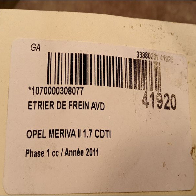 Etrier de frein avant droit occasion OPEL MERIVA II Phase 1 09-2010->03-2014 1.7 CDTI 110ch 93176427 3