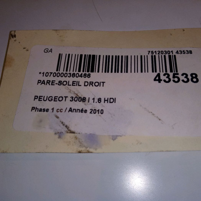 Pare-soleil droit occasion PEUGEOT 3008 I Phase 1 04-2009->12-2013 1.6 HDI 110ch 16115133BJ 4