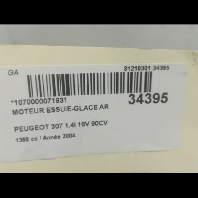 Moteur essuie-glace arrière occasion PEUGEOT 307 Phase 1 04-2001->06-2005 1.4i 16v 6405J9 4
