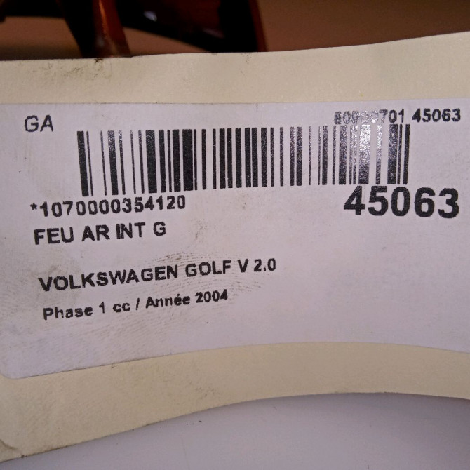 Feu arrière interieur gauche occasion VOLKSWAGEN GOLF V Phase 1 11-2003->10-2008 2.0 TDI 140ch 4