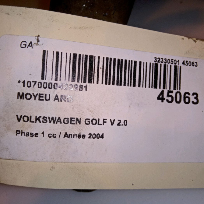 Moyeu ard occasion VOLKSWAGEN GOLF V Phase 1 11-2003->10-2008 2.0 TDI 140ch 5