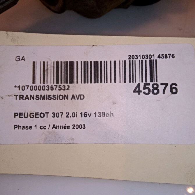 Transmission avant droite occasion PEUGEOT 307 Phase 1 04-2001->06-2005 2.0i 16v 138ch 9812781280 3