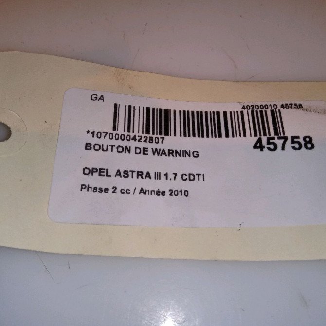 Bouton de warning occasion OPEL ASTRA III Phase 2 01-2007->04-2011 1.7 CDTI 110ch 13129293 4