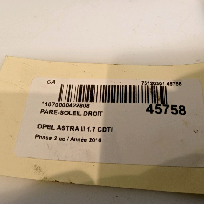 Pare-soleil droit occasion OPEL ASTRA III Phase 2 01-2007->04-2011 1.7 CDTI 110ch 13191787 4