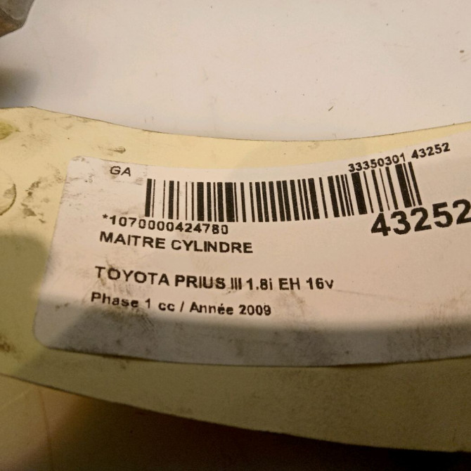 Maitre cylindre occasion TOYOTA PRIUS III Phase 1 06-2009->02-2012 1.8i EH 16v [HYBRID RECHARGEABLE] 100ch 4