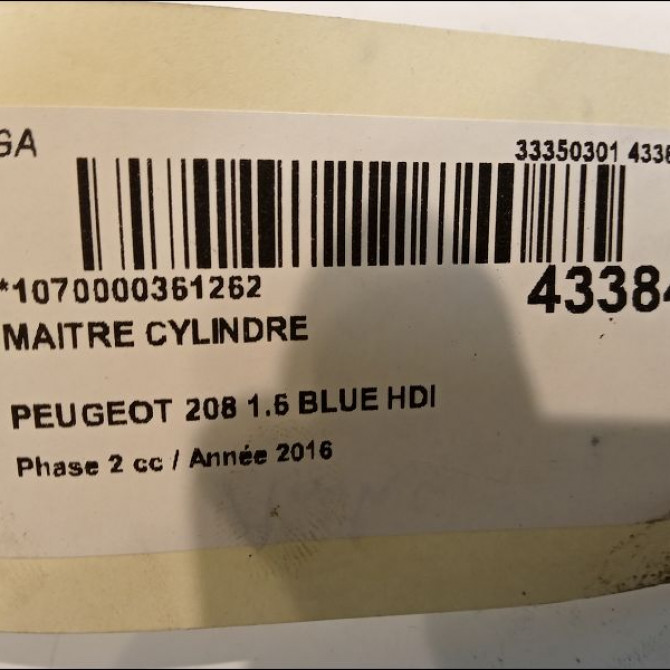 Maitre cylindre occasion PEUGEOT 208 Phase 2 04-2015->... 1.6 BLUE HDI 100ch 4601R9 4