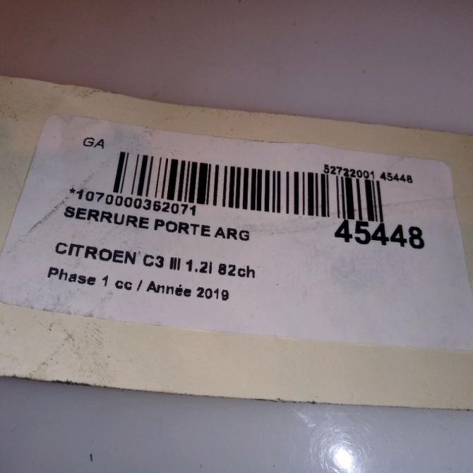 Serrure porte arg occasion CITROEN C3 III Phase 1 10-2016->... 1.2i 82ch 9812398580 4