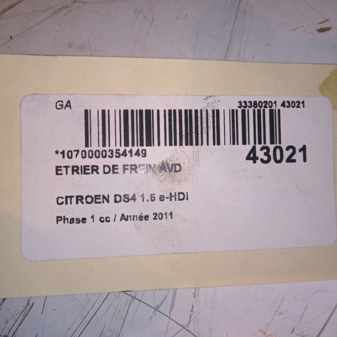 Etrier de frein avant droit occasion CITROEN DS4 Phase 1 01-2011->03-2016 1.6 e-HDi 110ch 4400V8 4