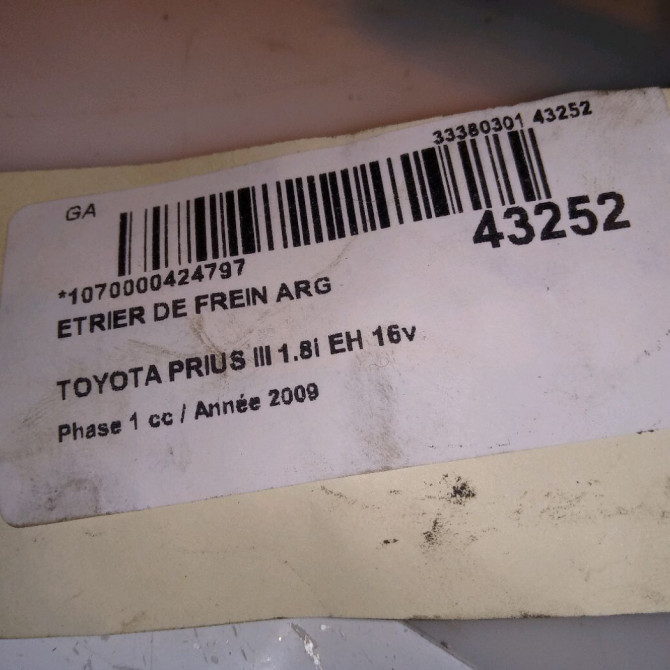 Etrier de frein arrière gauche occasion TOYOTA PRIUS III Phase 1 06-2009->02-2012 1.8i EH 16v [HYBRID RECHARGEABLE] 100ch 4785012151 4