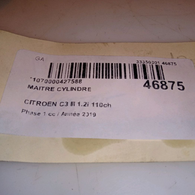 Maitre cylindre occasion CITROEN C3 III Phase 1 10-2016->... 1.2i 110ch 4601R9 4