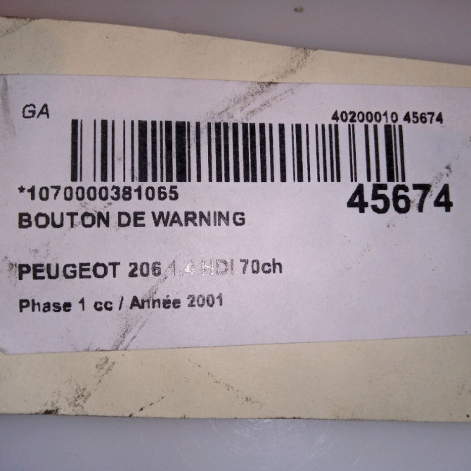 Bouton de warning occasion PEUGEOT 206 Phase 1 09-1998->03-2009 1.4 HDI 70ch 6554L1 4