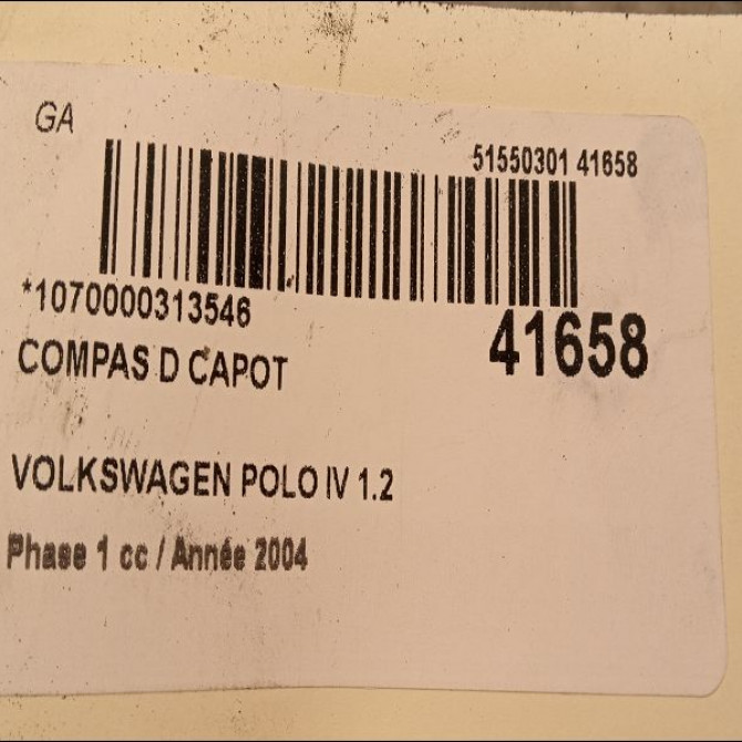 Compas d capot occasion VOLKSWAGEN POLO IV Phase 1 01-2002->05-2005 1.2 65ch 6Q0823302C 2