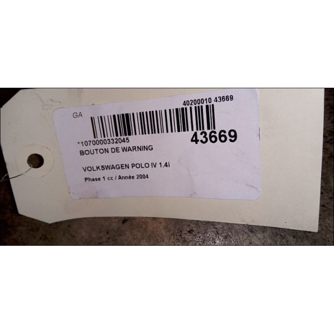 Bouton de warning occasion VOLKSWAGEN POLO IV Phase 1 01-2002->05-2005 1.4i 75ch 6Q0953235A9B9 2