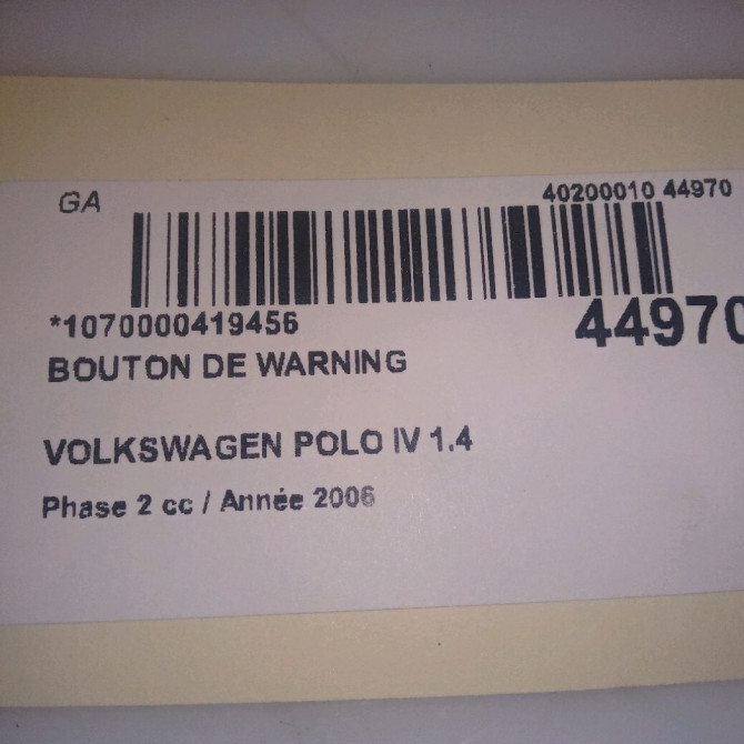 Bouton de warning occasion VOLKSWAGEN POLO IV Phase 2 05-2005->09-2009 1.4 TDI 70ch 6Q0953235A9B9 5