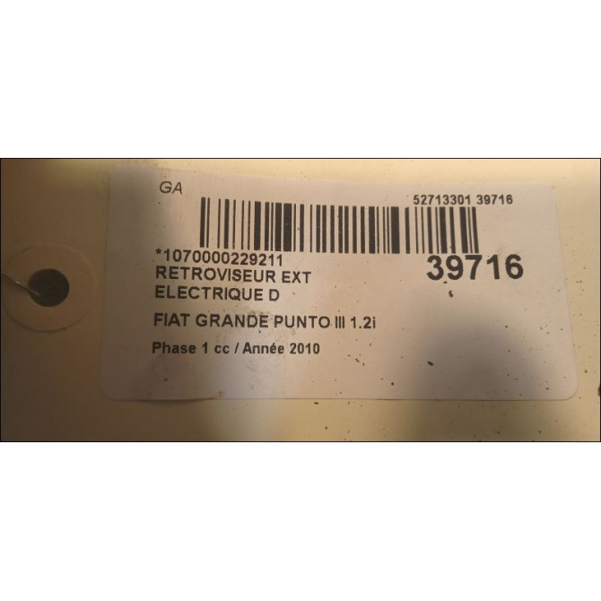 Retroviseur exterieur electrique droit occasion FIAT GRANDE PUNTO III Phase 1 09-2005->12-2013 1.2i 65ch 735465558 3