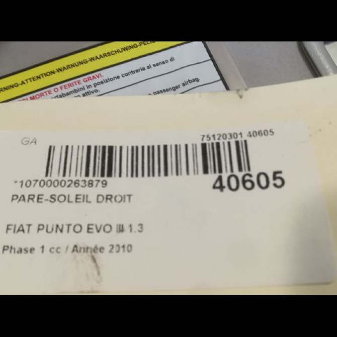 Pare-soleil droit occasion FIAT PUNTO EVO III Phase 1 10-2009->12-2013 1.3 MULTIJET 75ch 735509466 3