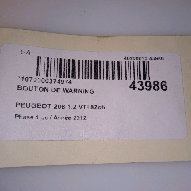 Bouton de warning occasion PEUGEOT 208 208 Phase 1 2012-03-01->2015-09-30 1.2 VTI 82ch 96750916ZD 3